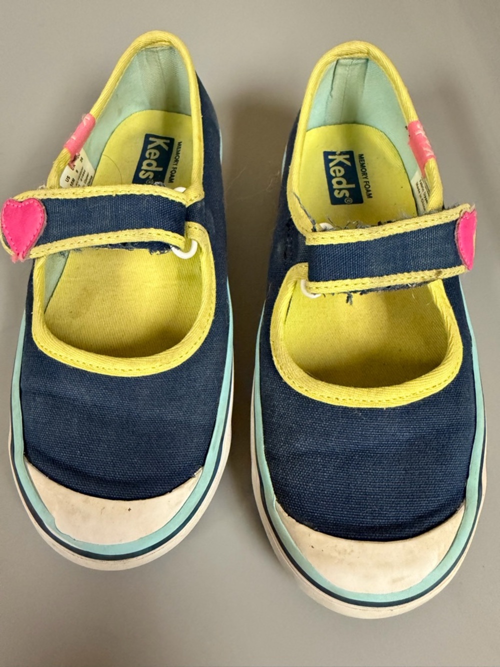 Keds Girls Navy Canvas Mary Jane Sneakers with Yellow Trim & Pink Heart